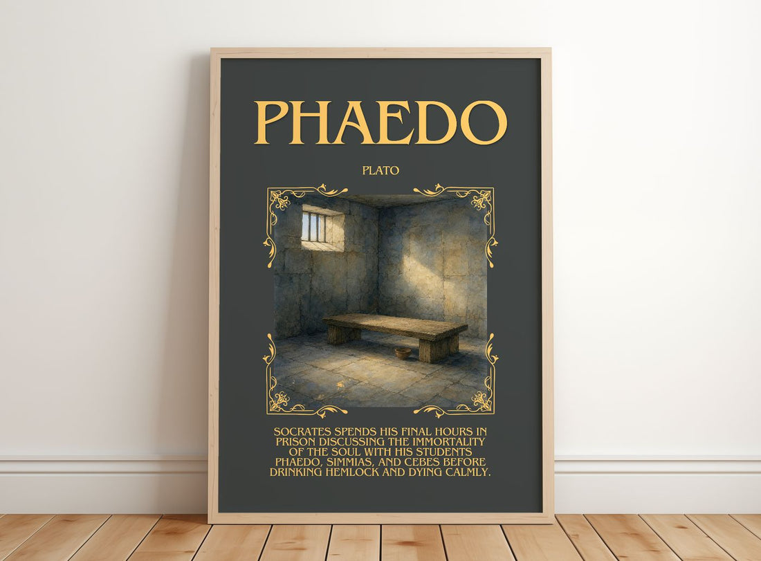 Phaedo Minimalist Book Poster by Plato – framed print leaning on a wooden floor