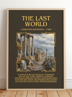 The Last World Minimalist Book Poster by Christoph Ransmayr – framed print leaning on a wooden floor
