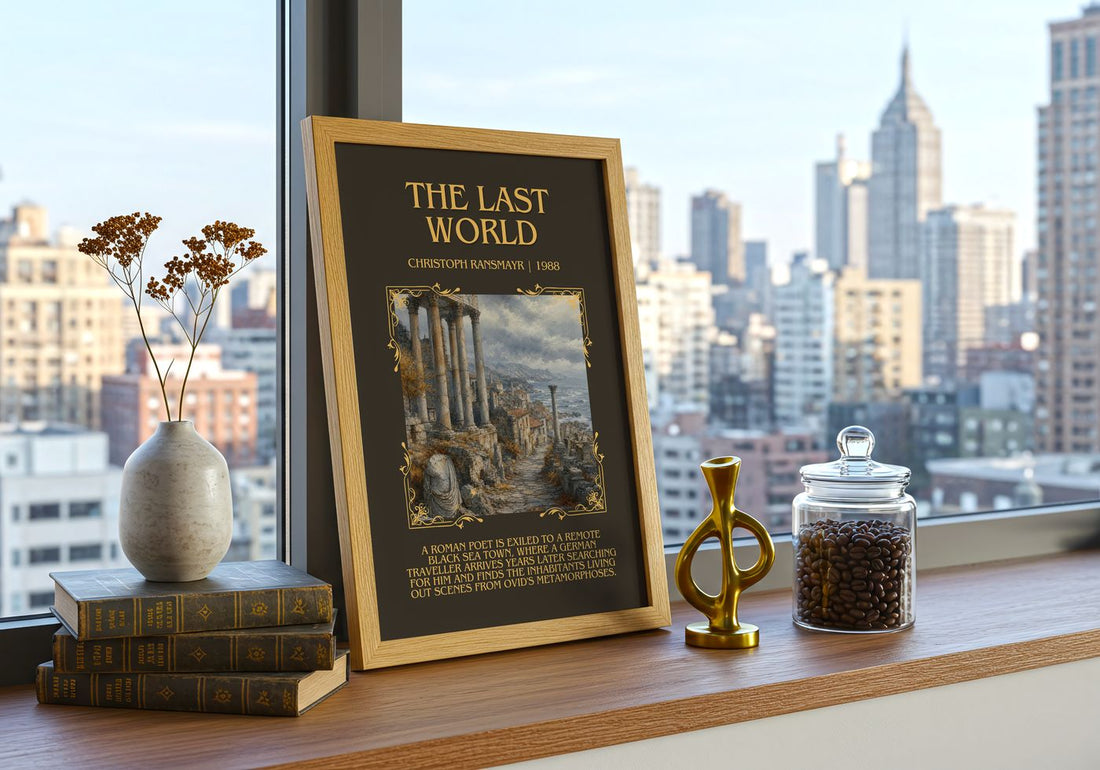 The Last World Minimalist Book Poster by Christoph Ransmayr – framed print on a city-view windowsill