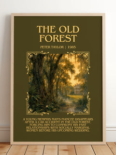 The Old Forest Minimalist Book Poster by Peter Taylor – framed print leaning on a wooden floor