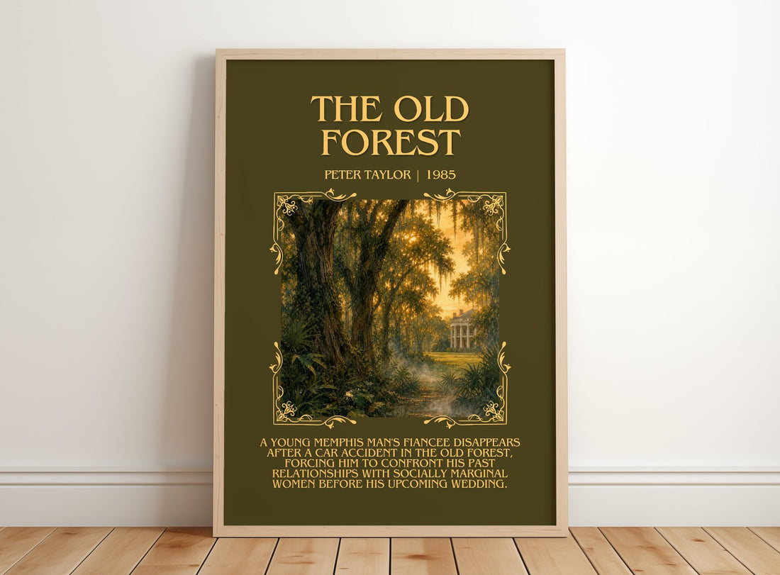 The Old Forest Minimalist Book Poster by Peter Taylor – framed print leaning on a wooden floor