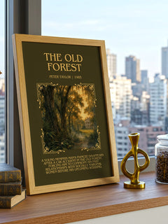 The Old Forest Minimalist Book Poster by Peter Taylor – framed print on a city-view windowsill