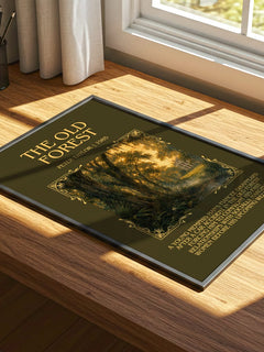 The Old Forest Minimalist Book Poster by Peter Taylor – print on a sunlit desk