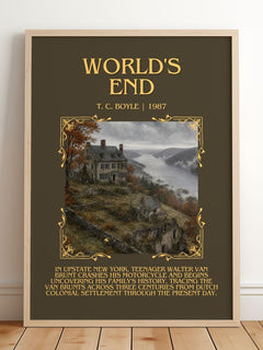 World's End Minimalist Book Poster by T. C. Boyle – framed print leaning on a wooden floor