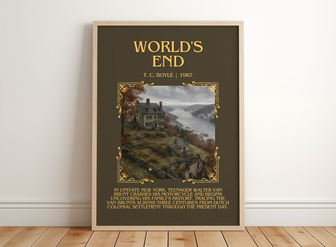 World's End Minimalist Book Poster by T. C. Boyle – framed print leaning on a wooden floor