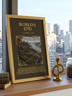World's End Minimalist Book Poster by T. C. Boyle – framed print on a city-view windowsill