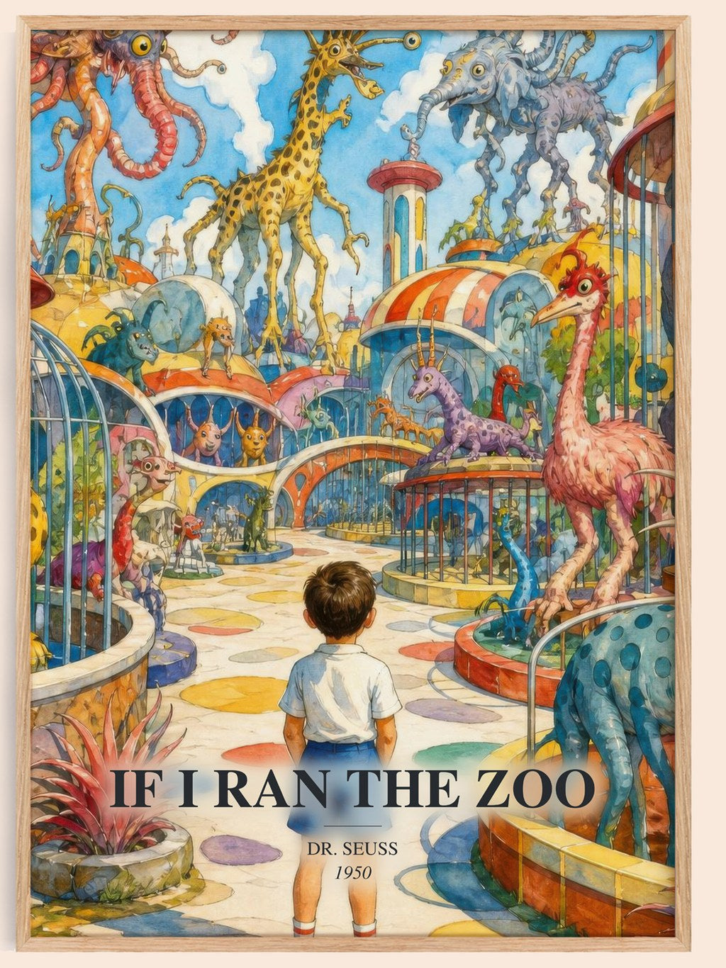 If I Ran The Zoo watercolour book poster by Dr. Seuss – framed literary art print