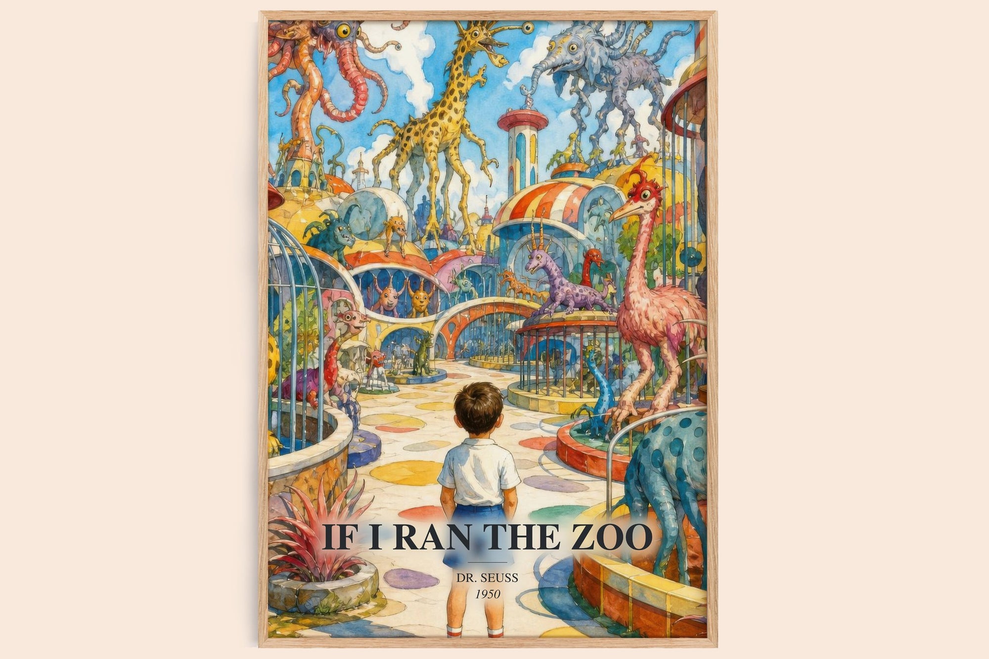 If I Ran The Zoo watercolour book poster by Dr. Seuss – framed literary art print