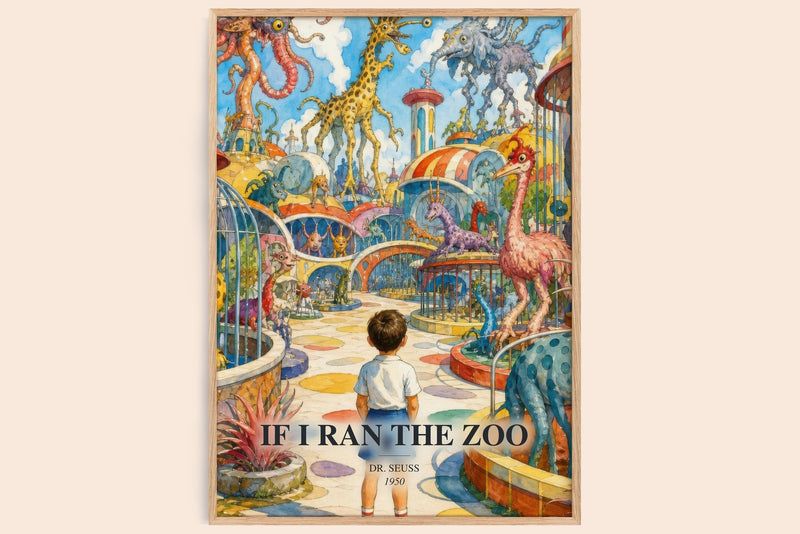 If I Ran The Zoo watercolour book poster by Dr. Seuss – framed literary art print