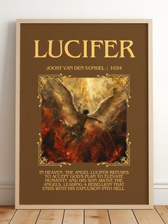 Lucifer Minimalist Book Poster by Joost van den Vondel – framed print leaning on a wooden floor