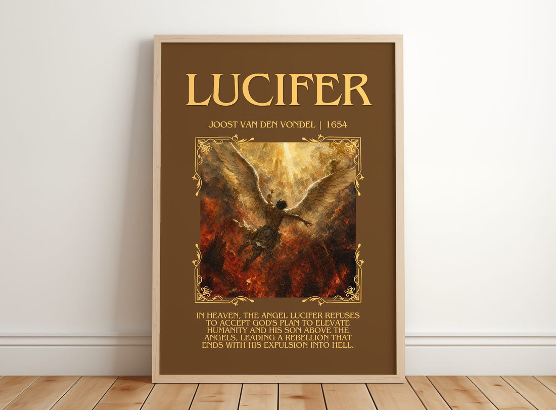 Lucifer Minimalist Book Poster by Joost van den Vondel – framed print leaning on a wooden floor