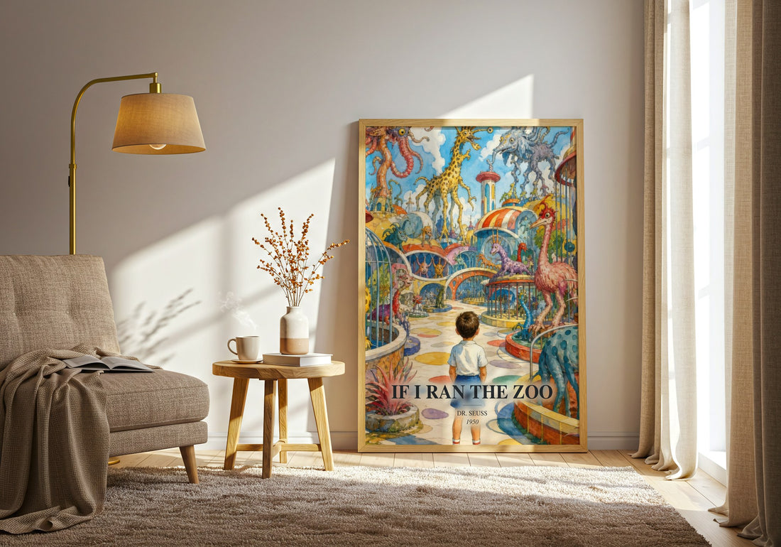 If I Ran The Zoo watercolour print in frame leaning in hallway – childrens wall art (mockup)