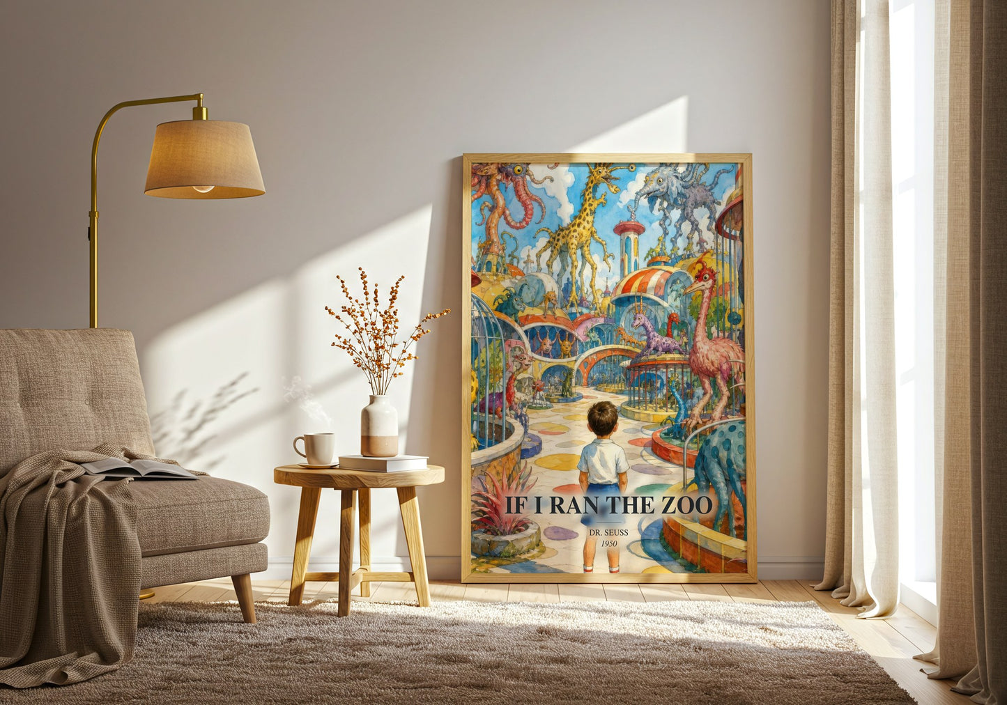 If I Ran The Zoo watercolour print in frame leaning in hallway – childrens wall art