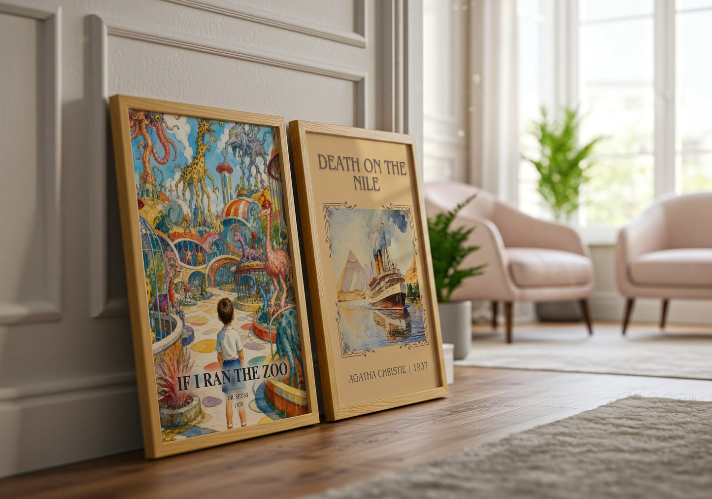 If I Ran The Zoo watercolour print framed by window – literary home decor