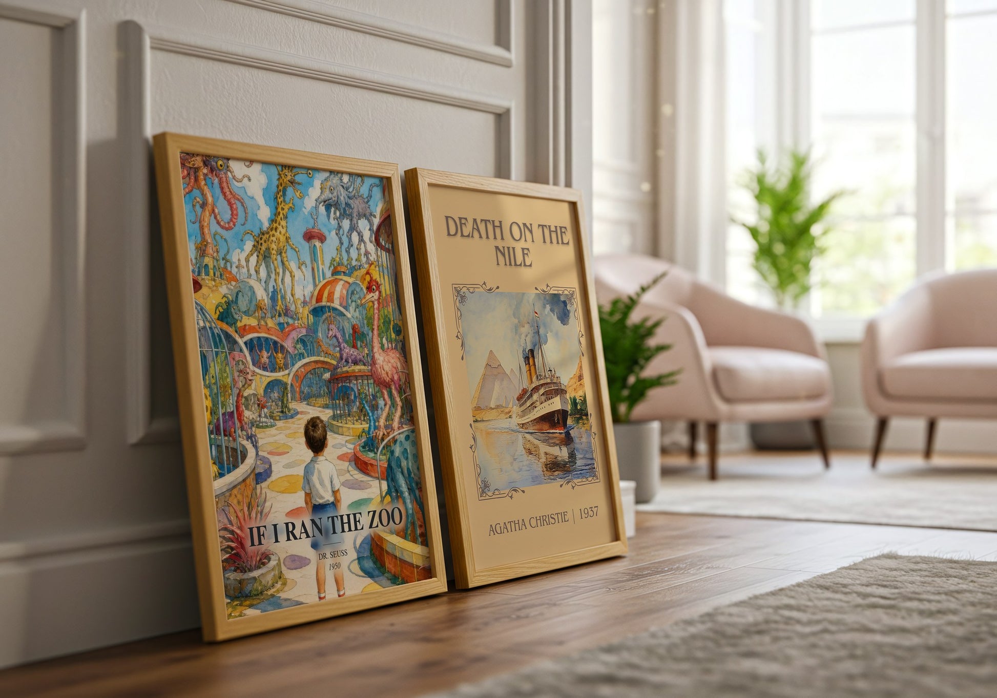 If I Ran The Zoo watercolour print framed by window – literary home decor