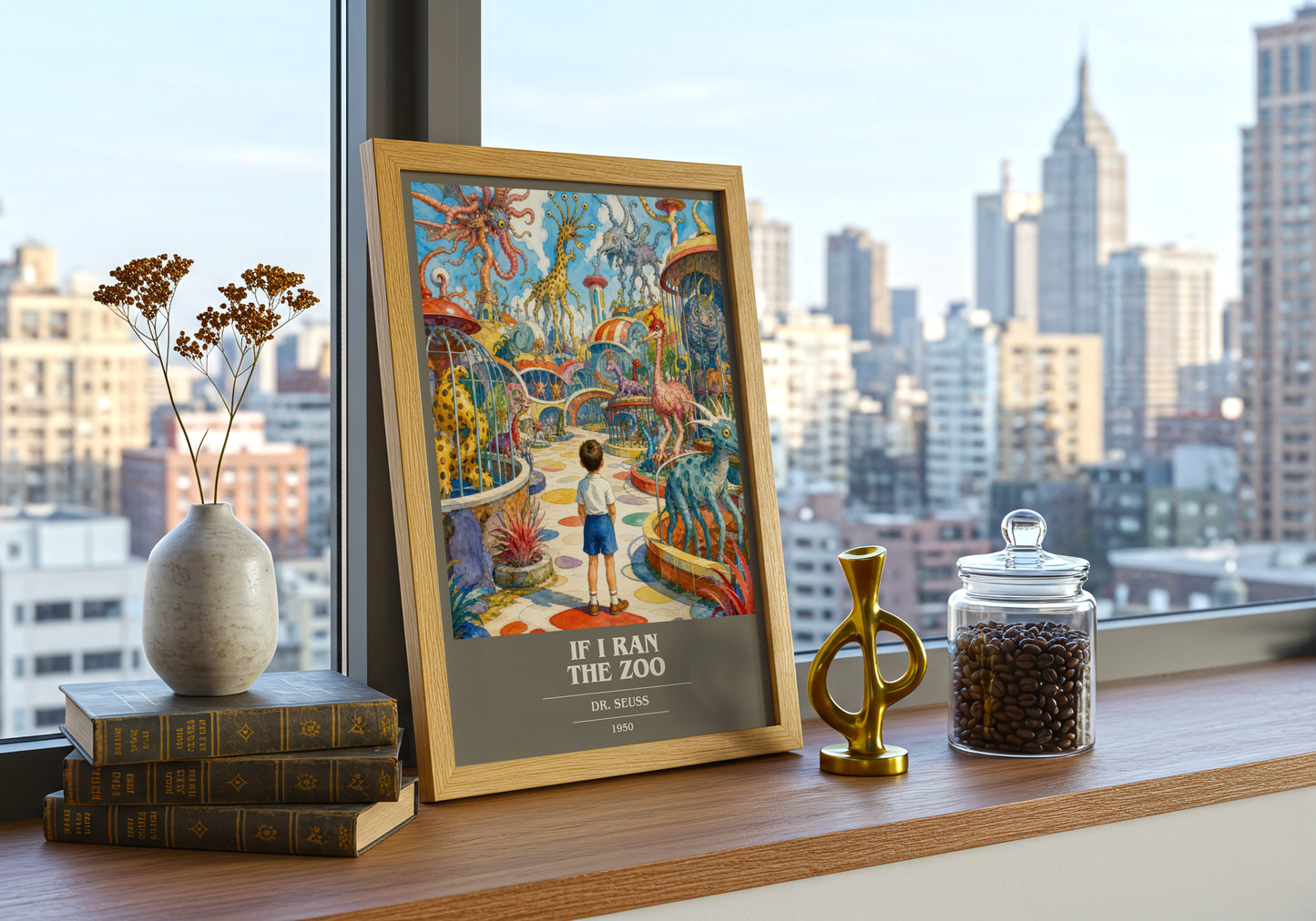 If I Ran The Zoo book cover print framed by window – literary home decor