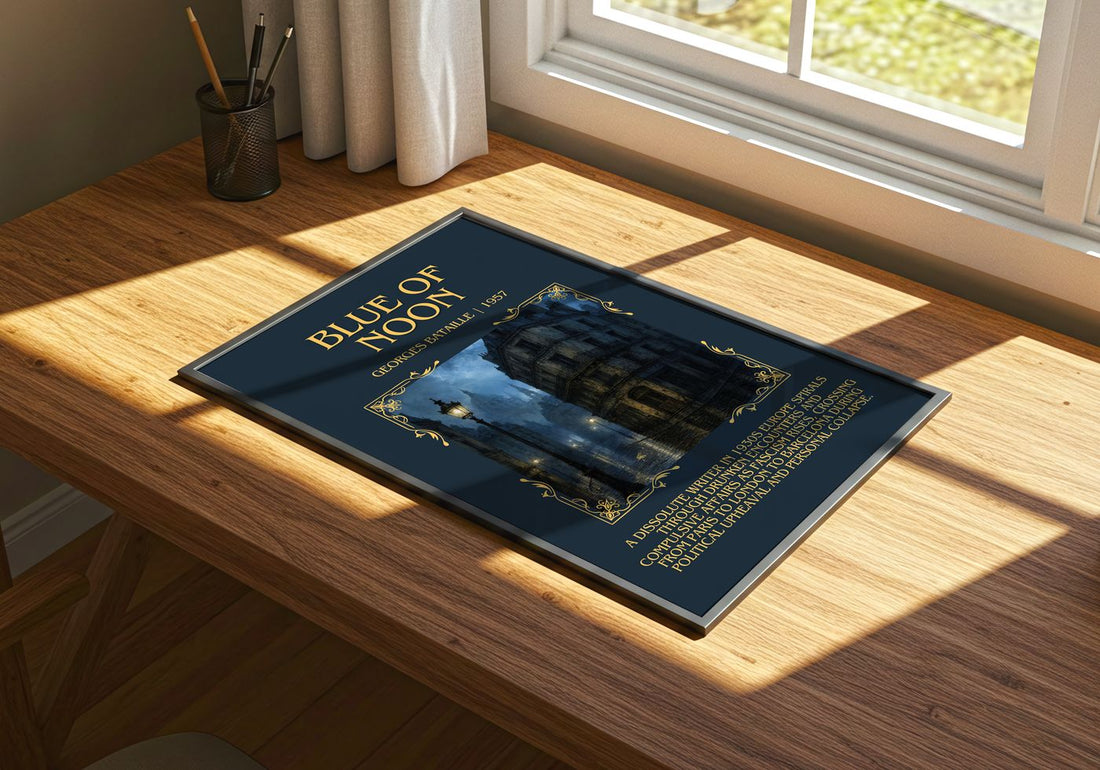 Blue of Noon Minimalist Book Poster by Georges Bataille – print on a sunlit desk