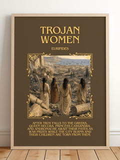 Trojan Women Minimalist Book Poster by Euripides – framed print leaning on a wooden floor