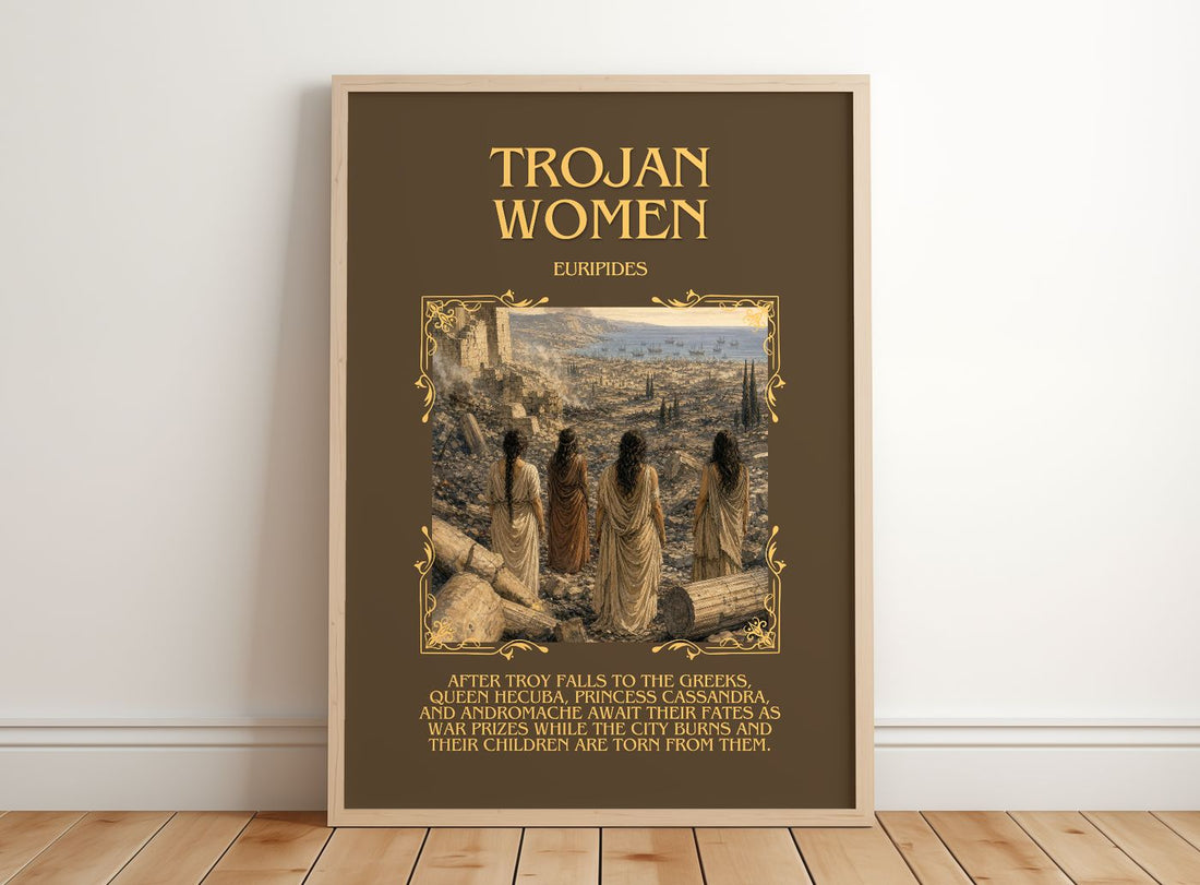 Trojan Women Minimalist Book Poster by Euripides – framed print leaning on a wooden floor