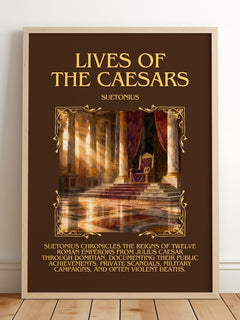 Lives of the Caesars Minimalist Book Poster by Suetonius – framed print leaning on a wooden floor