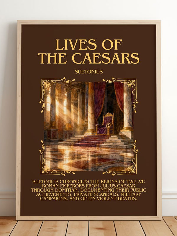 Lives of the Caesars Minimalist Book Poster by Suetonius – framed print leaning on a wooden floor