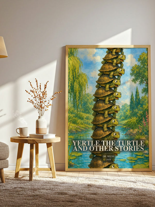 Yertle The Turtle And Other Stories watercolour print in frame leaning in hallway – childrens wall art