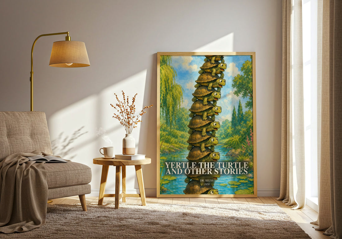 Yertle The Turtle And Other Stories watercolour print in frame leaning in hallway – childrens wall art (mockup)