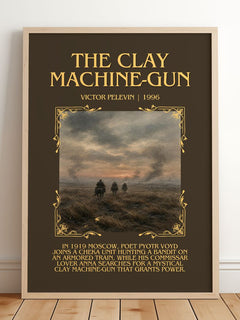 The Clay Machine-gun Minimalist Book Poster by Victor Pelevin – framed print leaning on a wooden floor