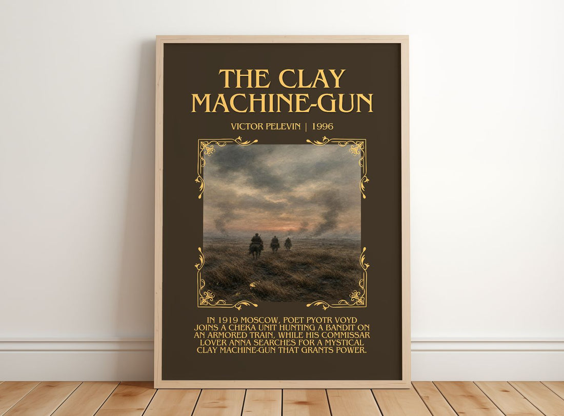 The Clay Machine-gun Minimalist Book Poster by Victor Pelevin – framed print leaning on a wooden floor