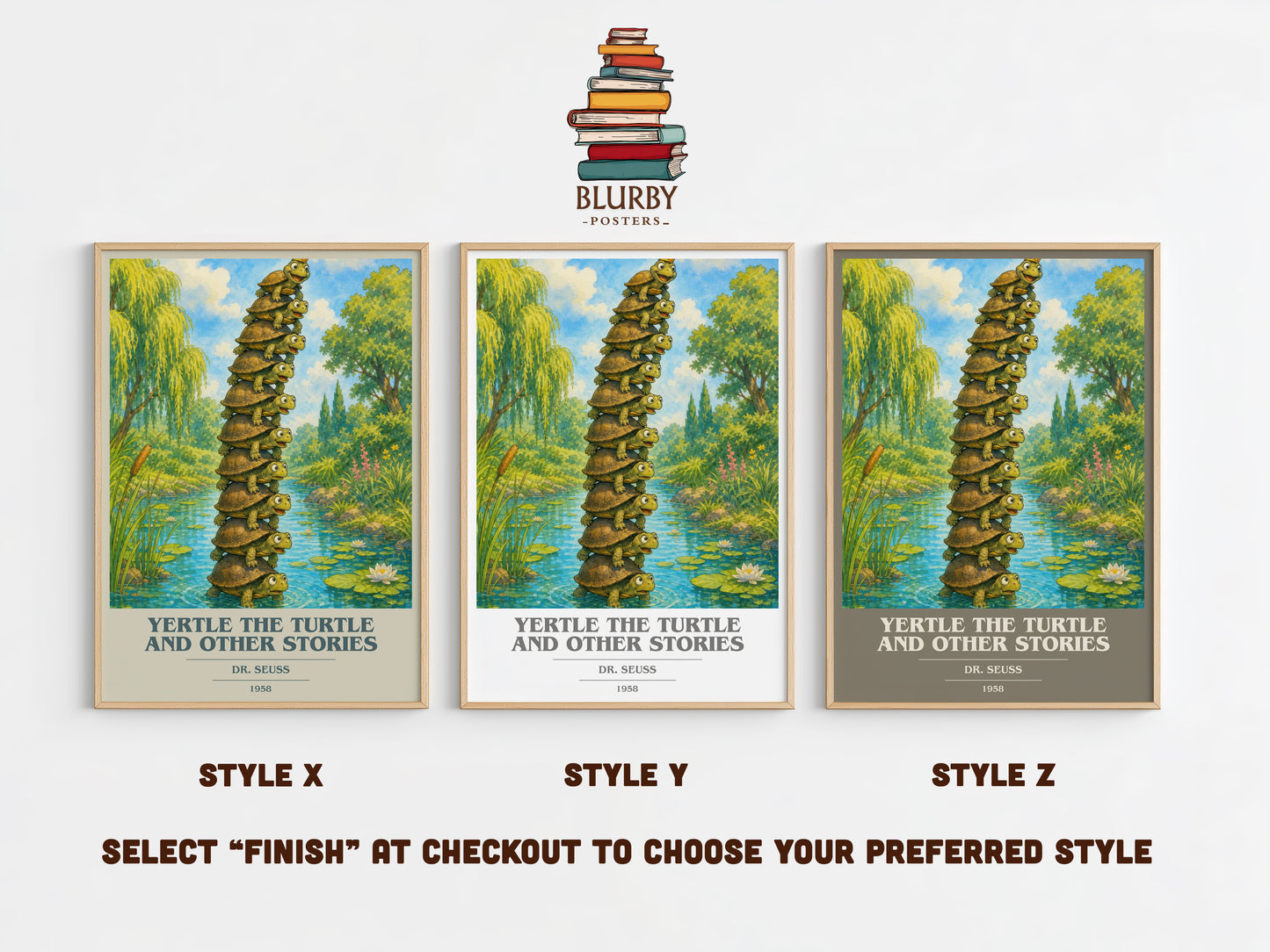 Yertle The Turtle And Other Stories book cover print in frame leaning in hallway – childrens wall art