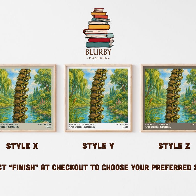 Yertle The Turtle And Other Stories literary print in frame leaning in hallway – childrens wall art