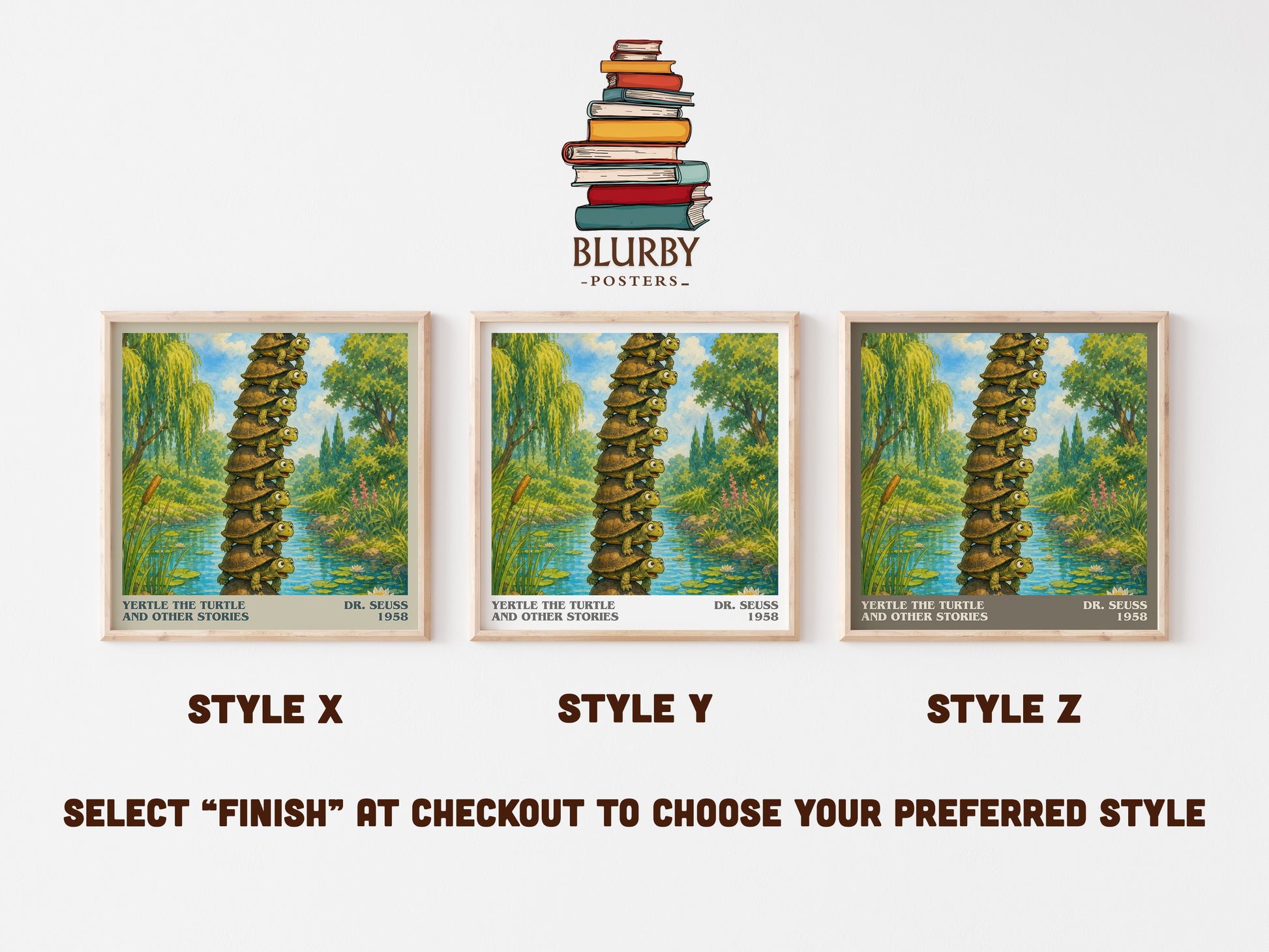 Yertle The Turtle And Other Stories literary print in frame leaning in hallway – childrens wall art