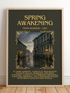 Spring Awakening Minimalist Book Poster by Frank Wedekind – framed print leaning on a wooden floor