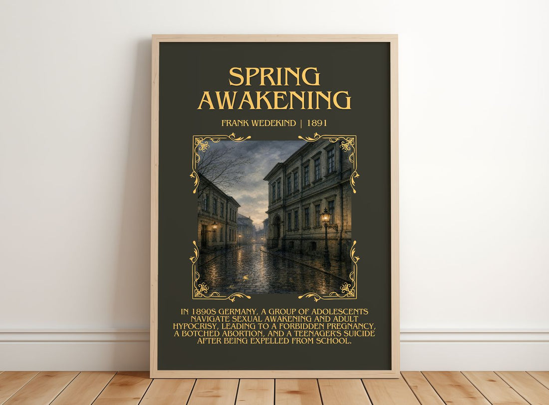 Spring Awakening Minimalist Book Poster by Frank Wedekind – framed print leaning on a wooden floor