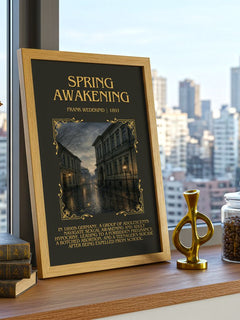 Spring Awakening Minimalist Book Poster by Frank Wedekind – framed print on a city-view windowsill