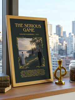 The Serious Game Minimalist Book Poster by Hjalmar Soderberg – framed print on a city-view windowsill