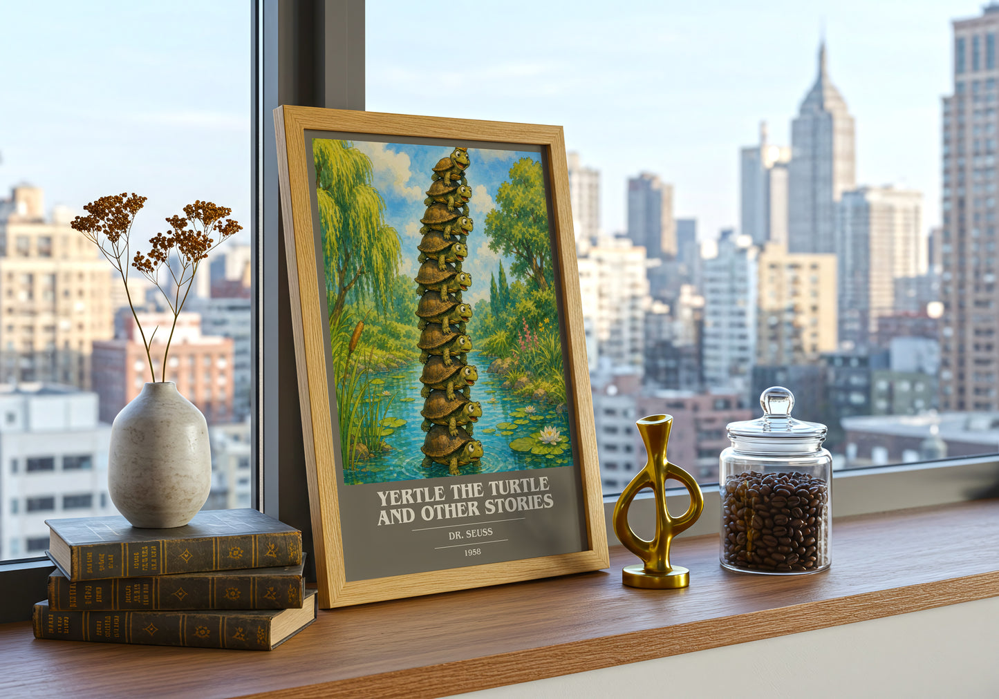 Yertle The Turtle And Other Stories book cover print framed by window – literary home decor