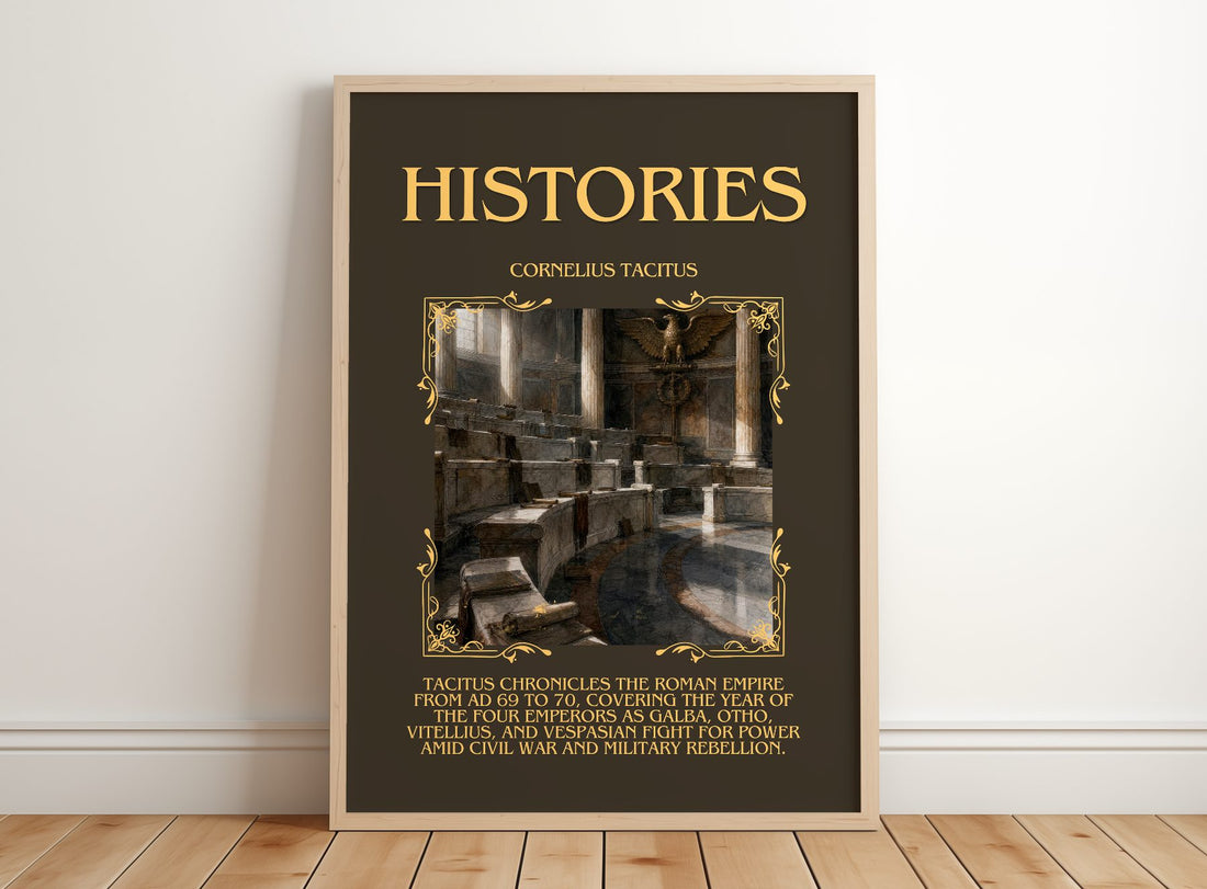Histories Minimalist Book Poster by Cornelius Tacitus – framed print leaning on a wooden floor