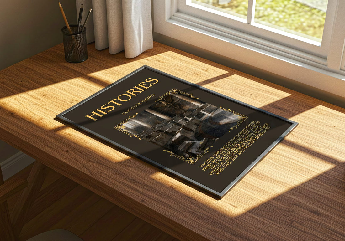 Histories Minimalist Book Poster by Cornelius Tacitus – print on a sunlit desk