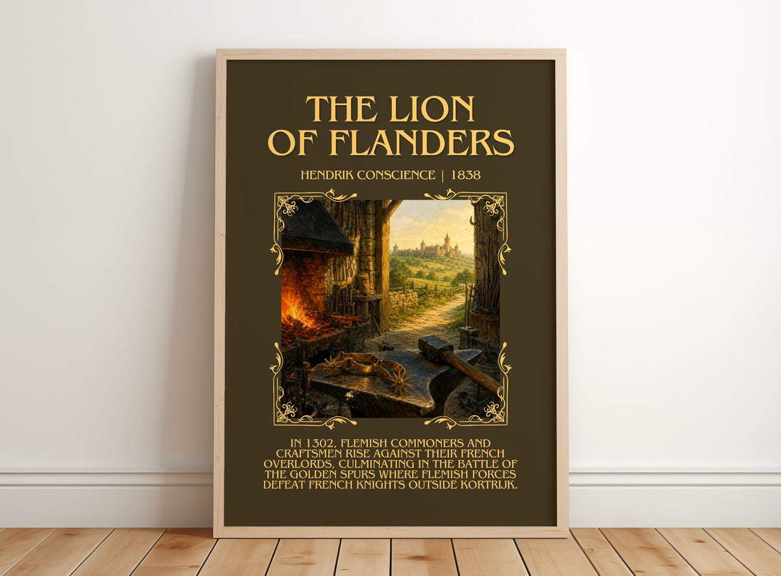 The Lion of Flanders Minimalist Book Poster by Hendrik Conscience – framed print leaning on a wooden floor