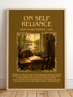 On Self Reliance Minimalist Book Poster by Ralph Waldo Emerson – framed print leaning on a wooden floor
