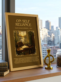 On Self Reliance Minimalist Book Poster by Ralph Waldo Emerson – framed print on a city-view windowsill