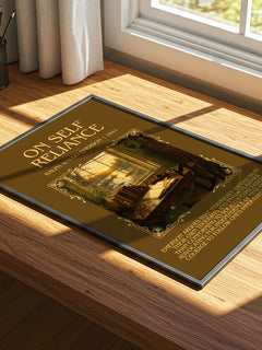 On Self Reliance Minimalist Book Poster by Ralph Waldo Emerson – print on a sunlit desk