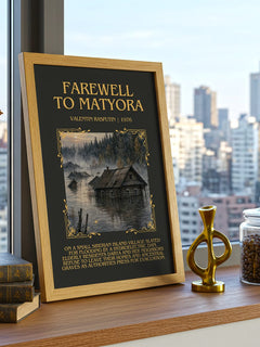 Farewell To Matyora Minimalist Book Poster by Valentin Rasputin – framed print on a city-view windowsill