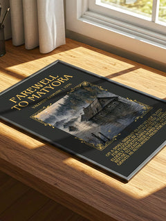 Farewell To Matyora Minimalist Book Poster by Valentin Rasputin – print on a sunlit desk