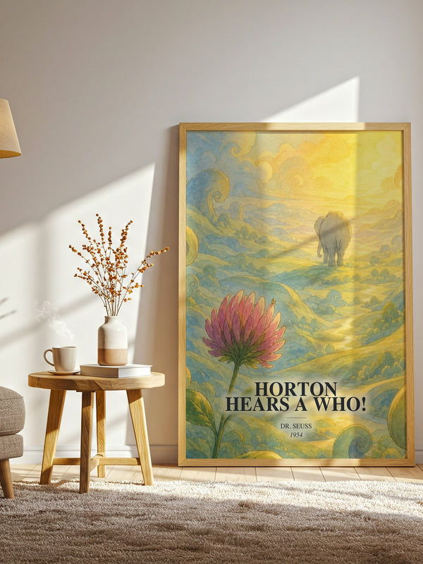 Horton Hears A Who! watercolour print in frame leaning in hallway – childrens wall art