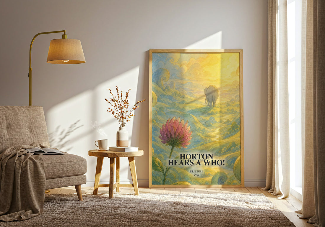 Horton Hears A Who! watercolour print in frame leaning in hallway – childrens wall art (mockup)
