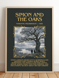 Simon and the Oaks Minimalist Book Poster by Marianne Fredriksson – framed print leaning on a wooden floor