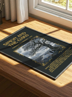 Simon and the Oaks Minimalist Book Poster by Marianne Fredriksson – print on a sunlit desk