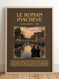 Le Roman Inachevé Minimalist Book Poster by Louis Aragon – framed print leaning on a wooden floor